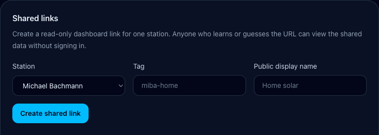MiBa Solar shared-link creation form with the account's real station selected.